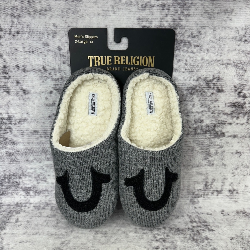 NWT True Religion Men's Slippers X-Large 13 Gray Sherpa Lined Logo